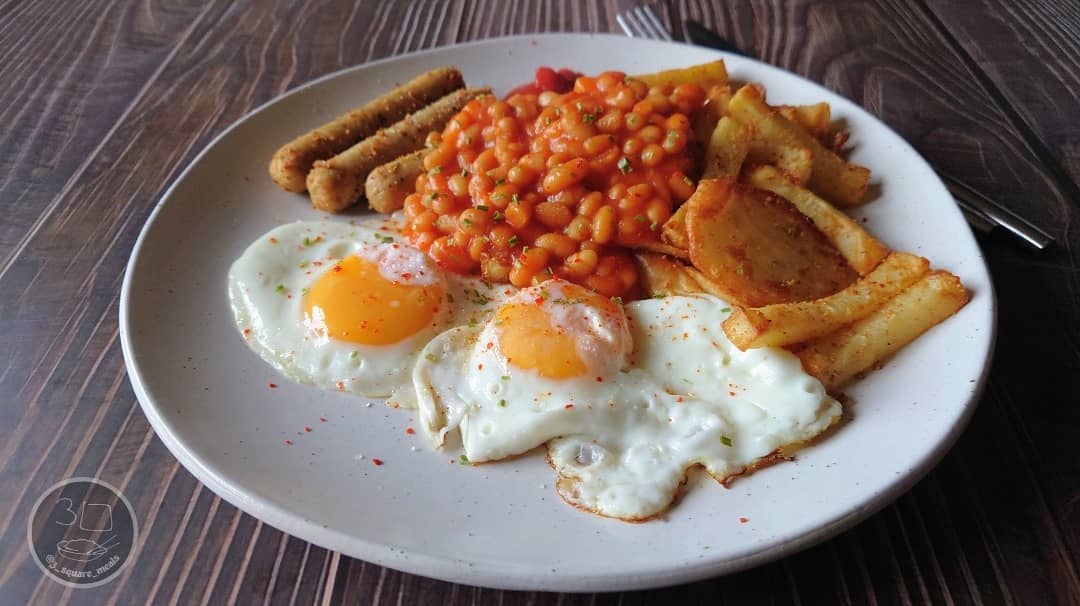 Vegetarian Sausage, Egg, Chips, and Beans