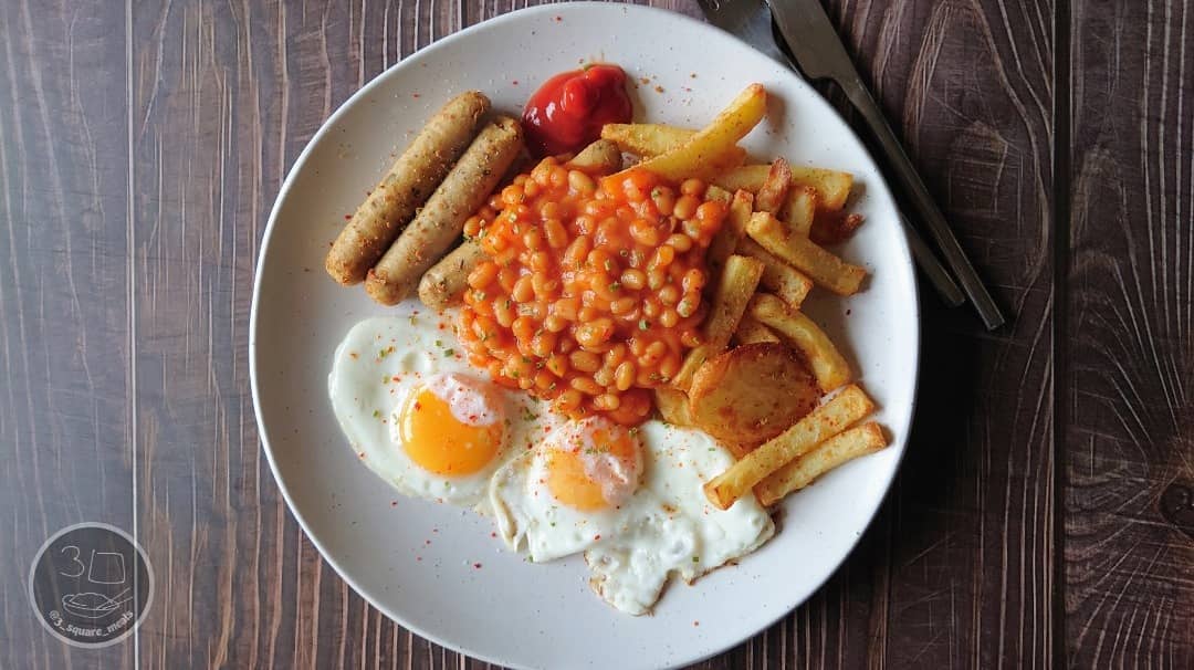 Vegetarian Sausage, Egg, Chips, and Beans
