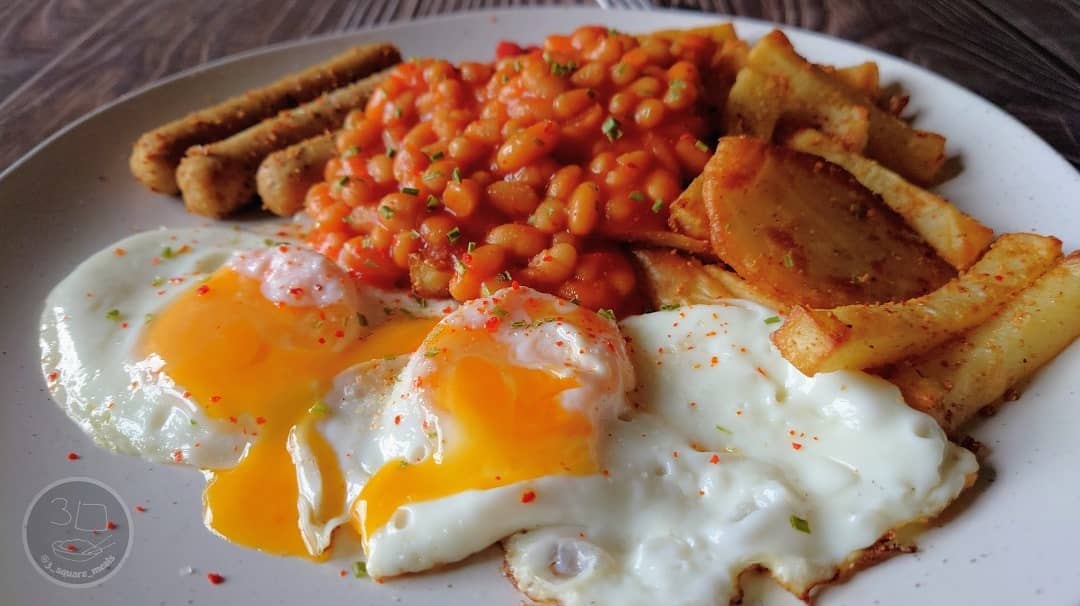 Vegetarian Sausage, Egg, Chips, and Beans