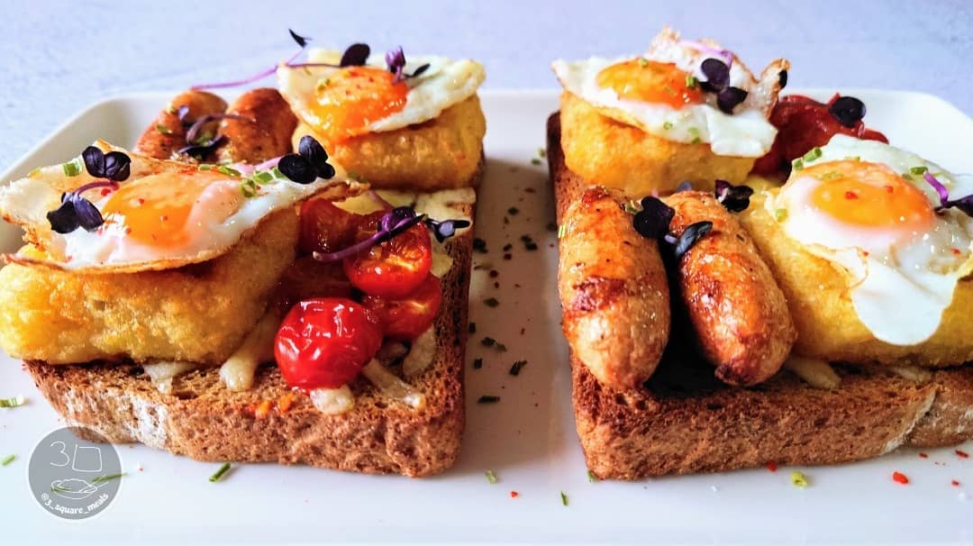 Breakfast on Toast with Eggs and Hash Browns