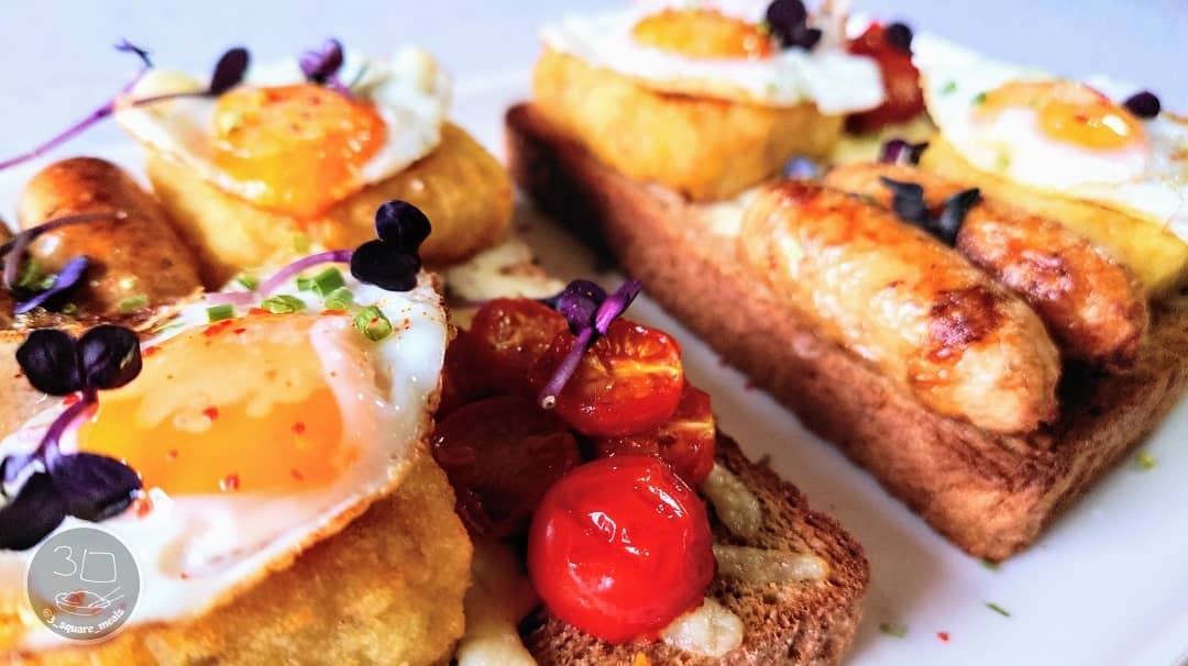 Breakfast on Toast with Eggs and Hash Browns