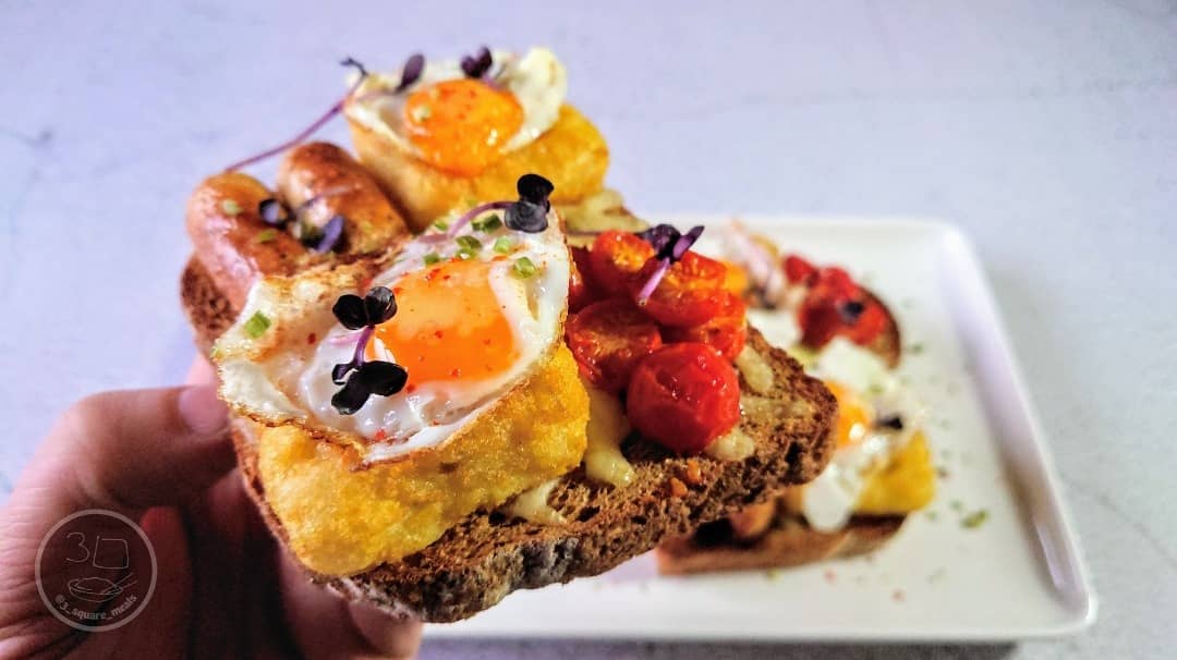 Breakfast on Toast with Eggs and Hash Browns