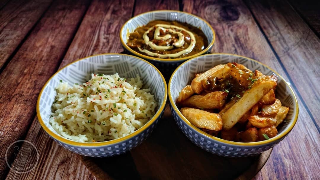 Vegetarian Curry with Chips and Rice