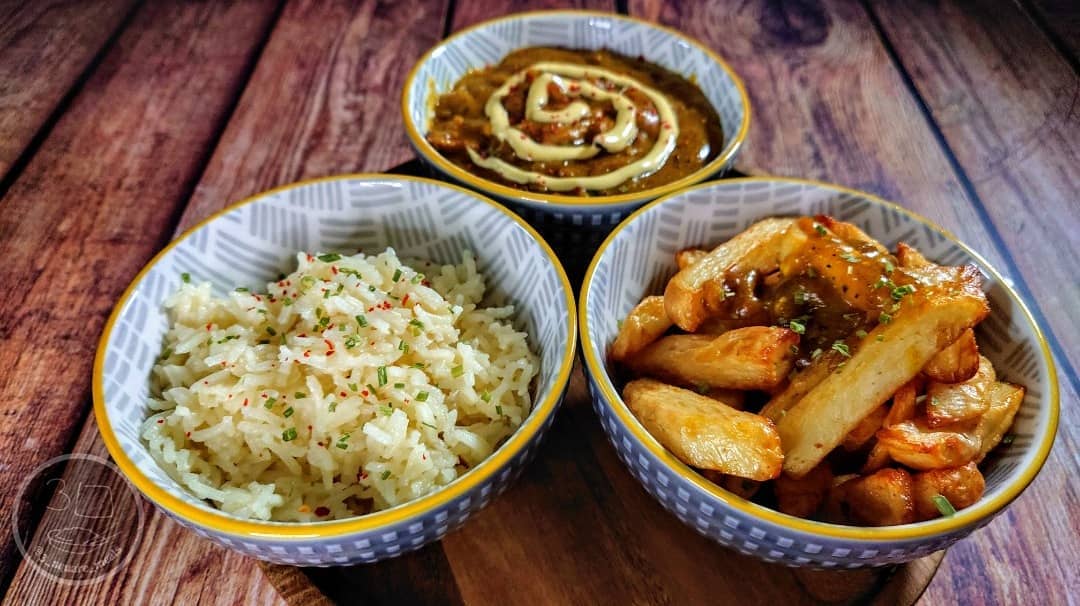 Vegetarian Curry with Chips and Rice