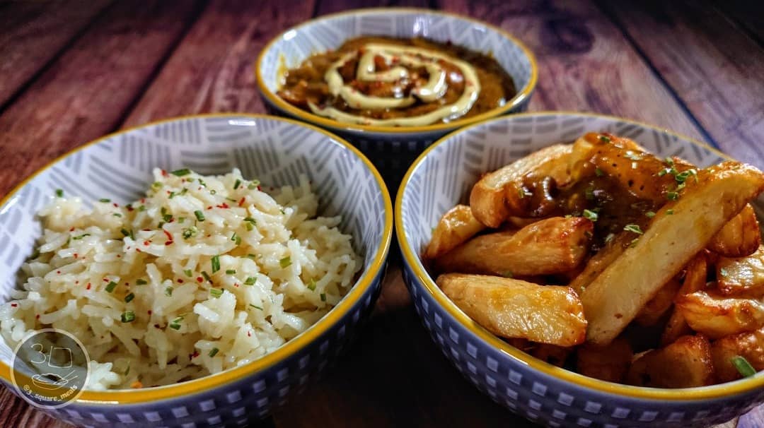 Vegetarian Curry with Chips and Rice