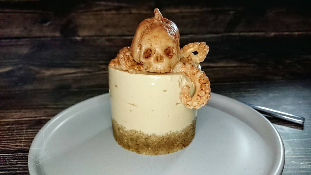 Coffee Almond Cheesecake with Marzipan Topper