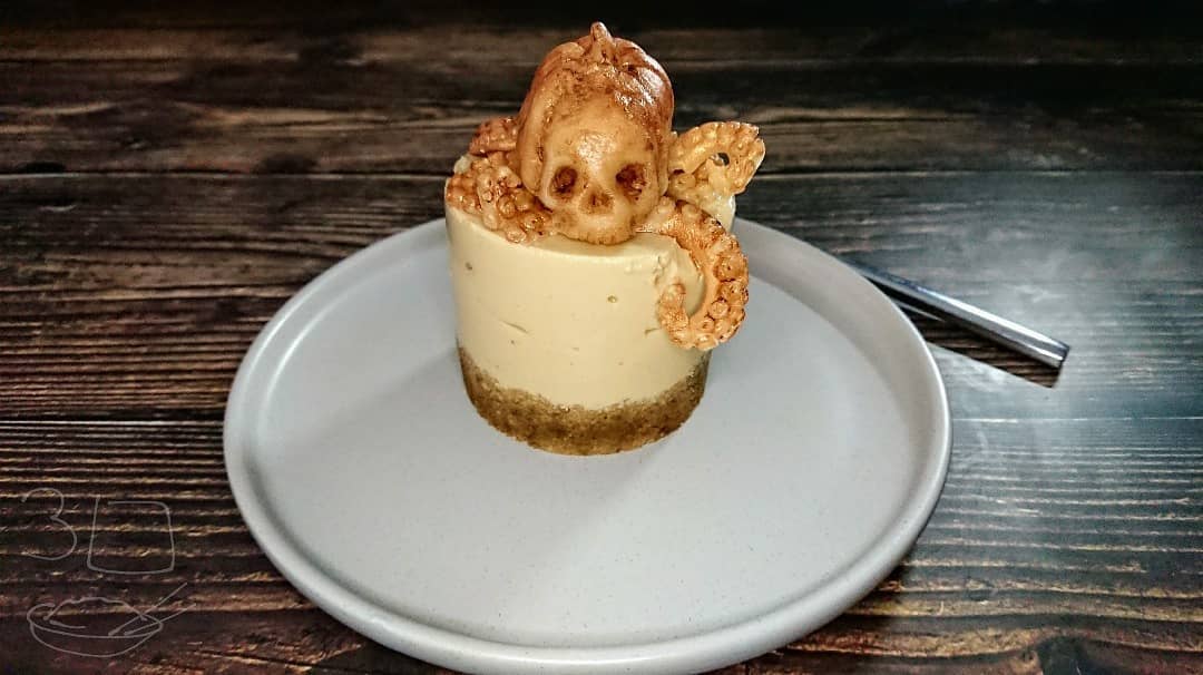 Coffee Almond Cheesecake with Marzipan Topper
