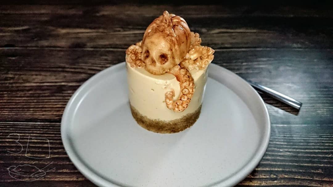Coffee Almond Cheesecake with Marzipan Topper