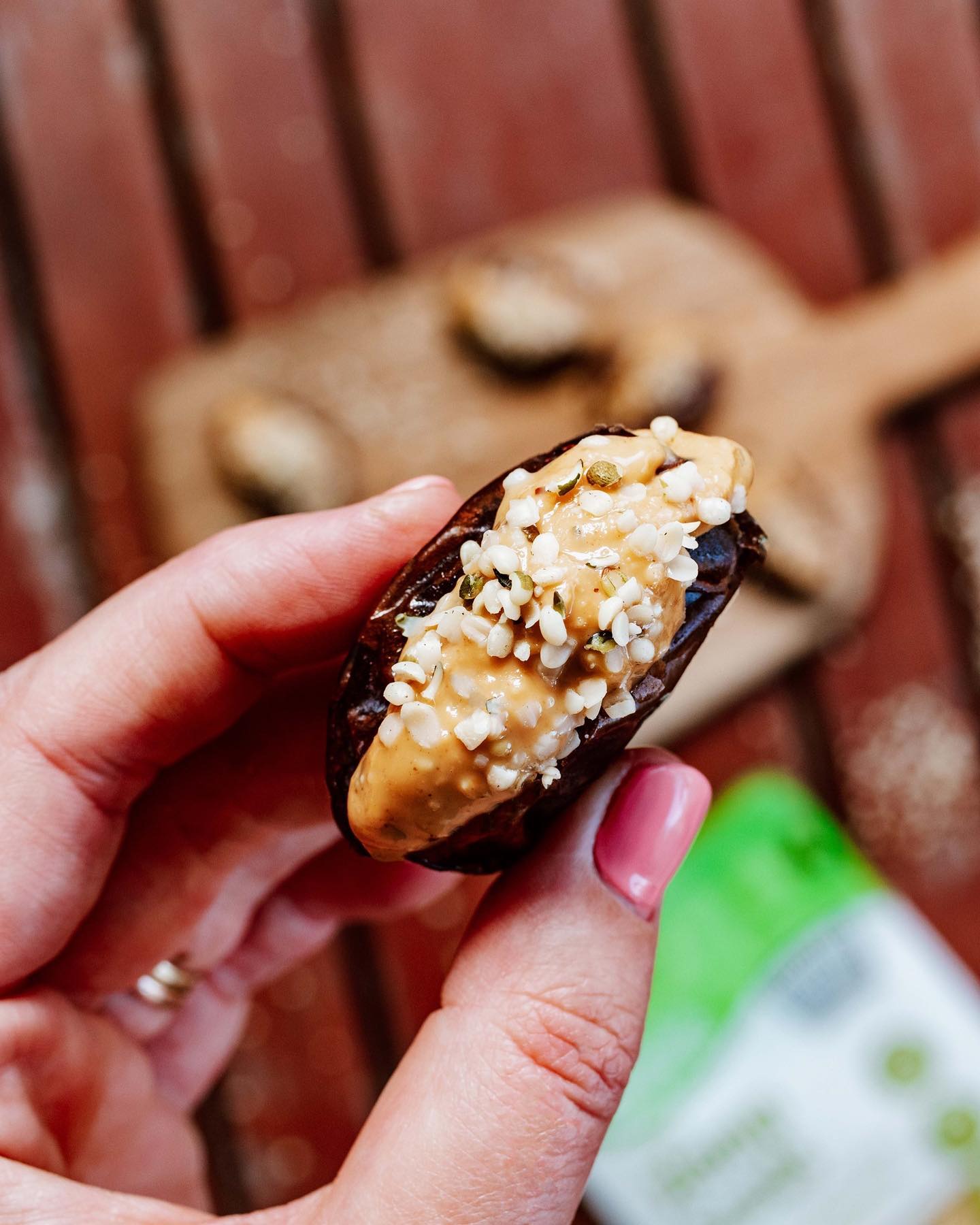 Medjool Dates Topped with Peanut Butter and Hemp Seeds