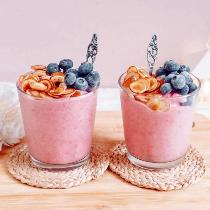 Raspberry Nice Cream with Mini Pancakes and Blueberries