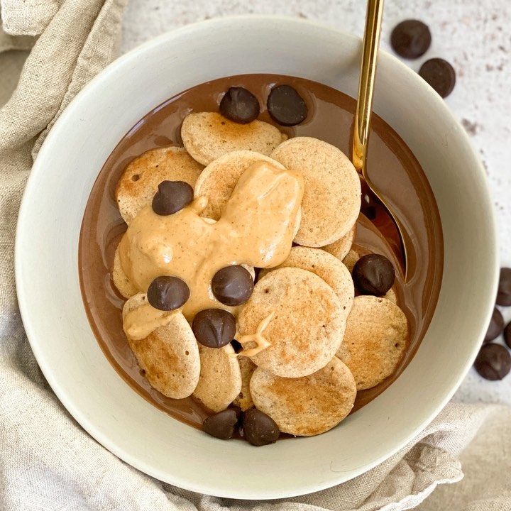 Pancake Cereal with Chocolate Protein Milk
