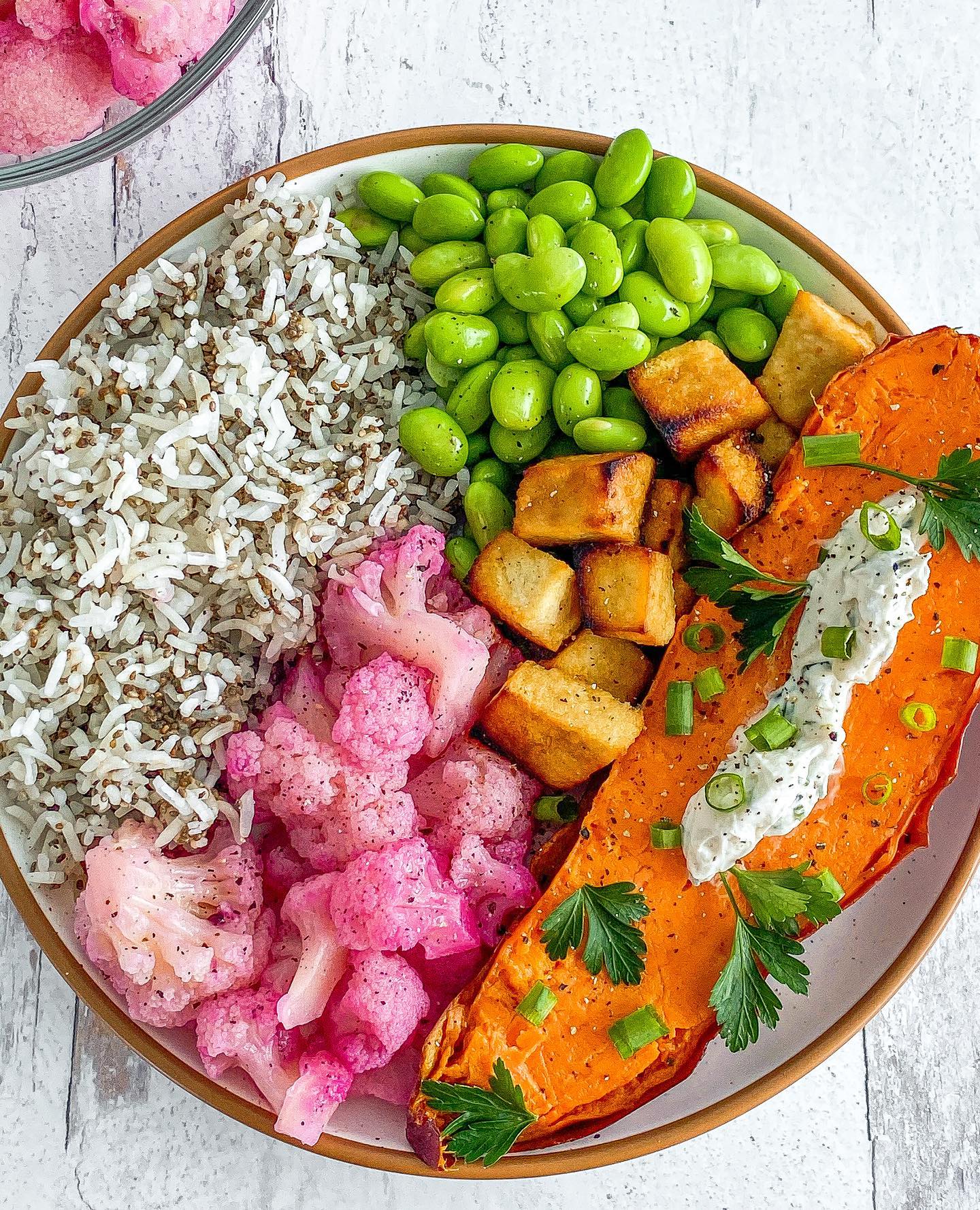 High Protein Buddha Bowl with Pitaya Cauliflower, Edamame, Baked Tofu, Chia Basmati Rice, and Sweet Potato