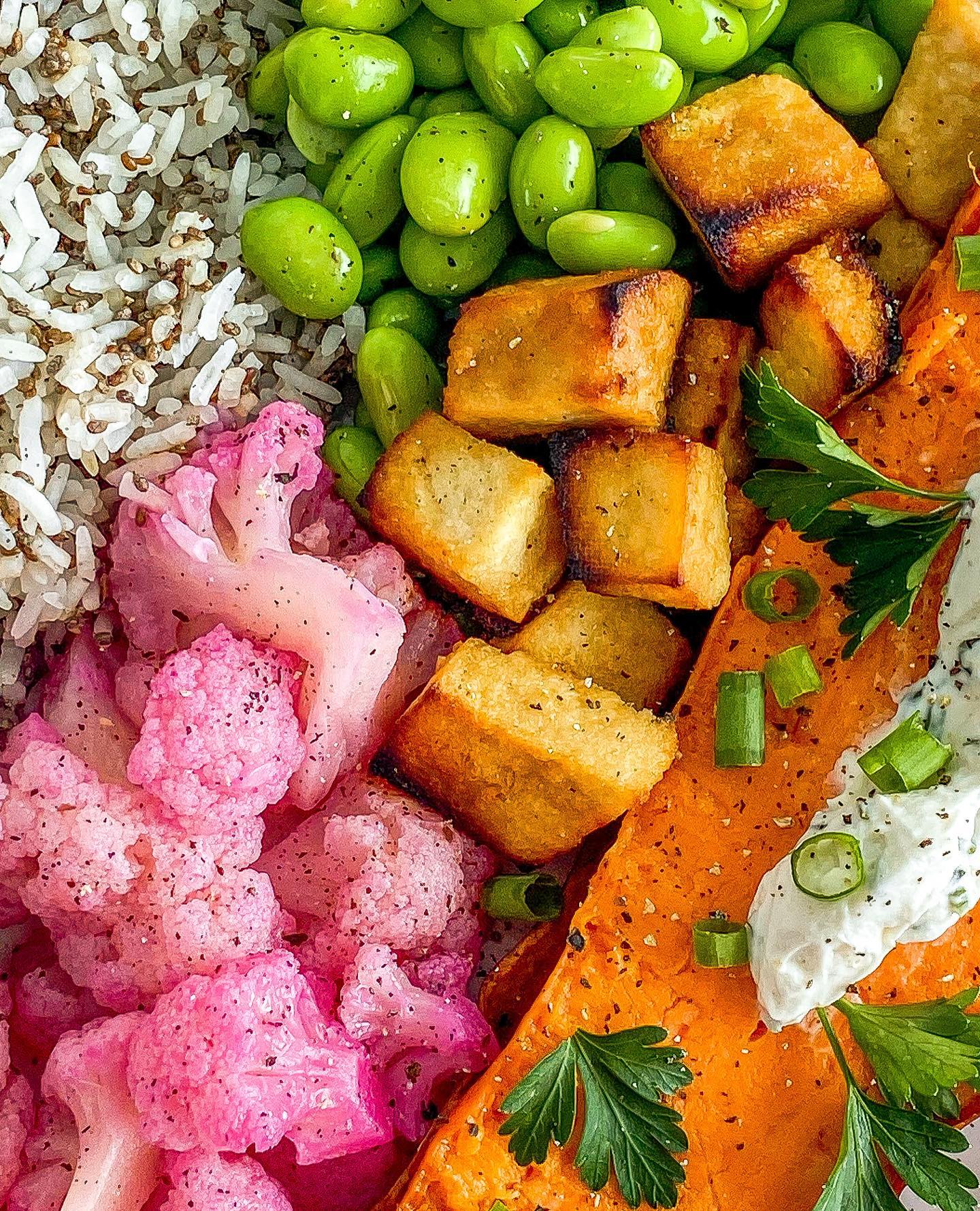 High Protein Buddha Bowl with Pitaya Cauliflower, Edamame, Baked Tofu, Chia Basmati Rice, and Sweet Potato