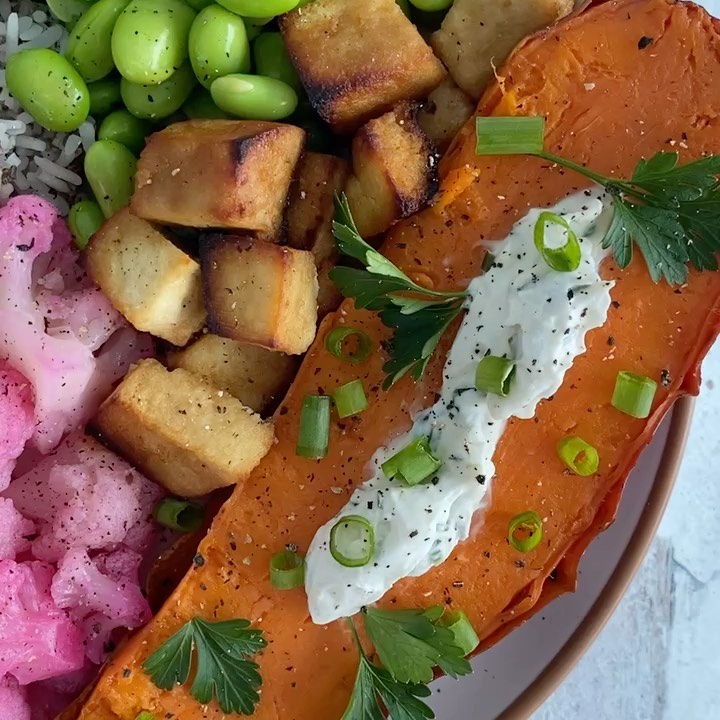 High Protein Buddha Bowl with Pitaya Cauliflower, Edamame, Baked Tofu, Chia Basmati Rice, and Sweet Potato