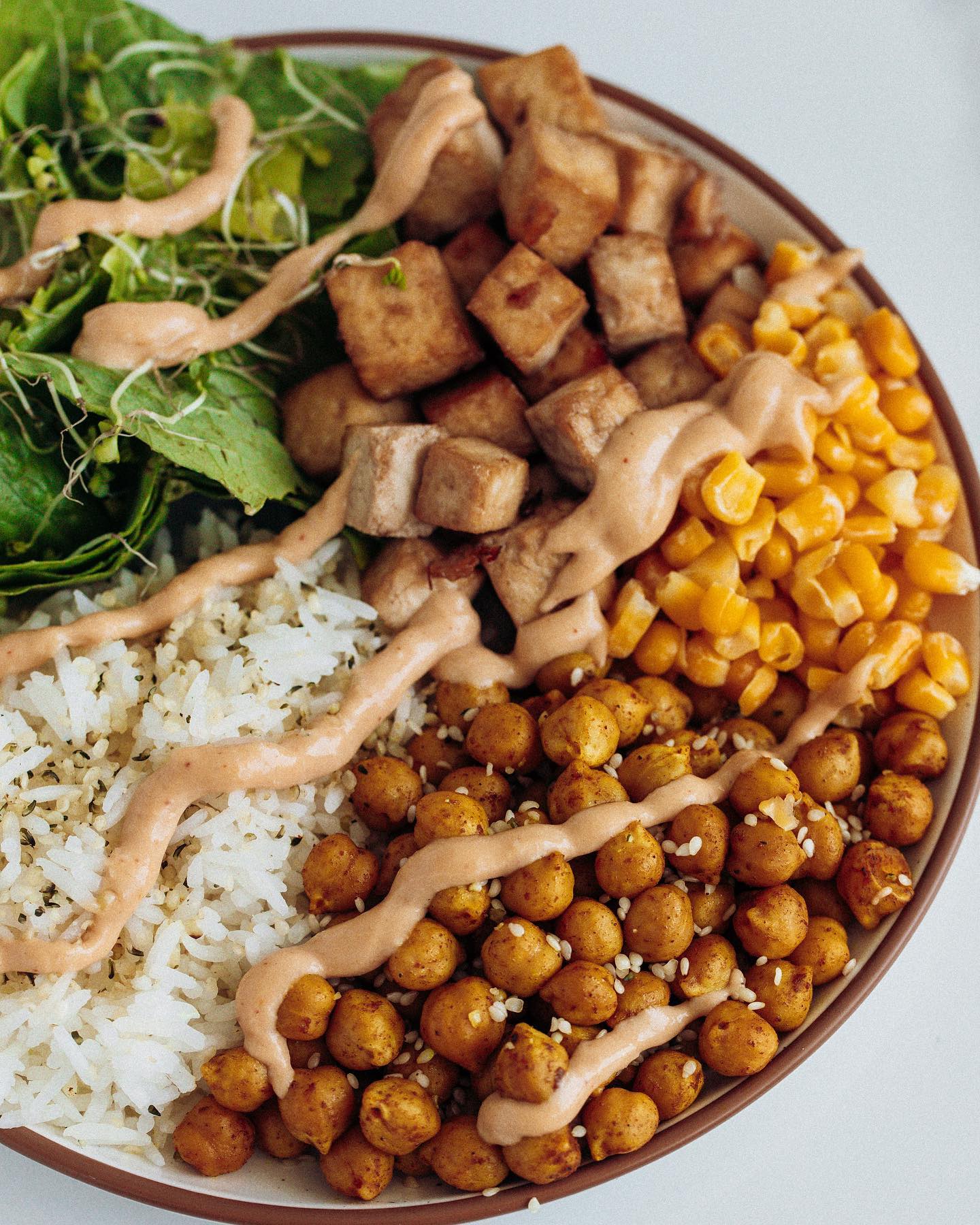 High Protein Buddha Bowl with Baked Tofu and Turmeric Chickpeas