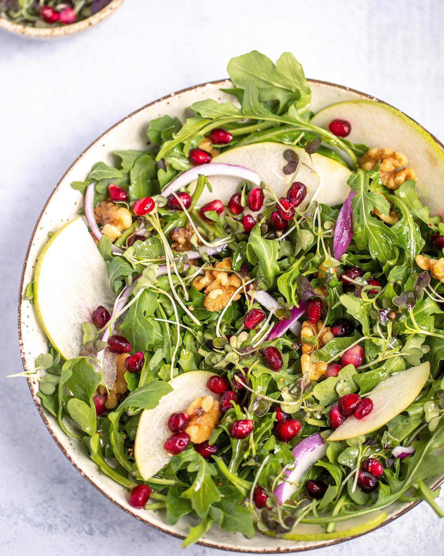 Arugula Salad with Pomegranate, Walnuts & Pears: Lemon Balsamic Vinaigrette