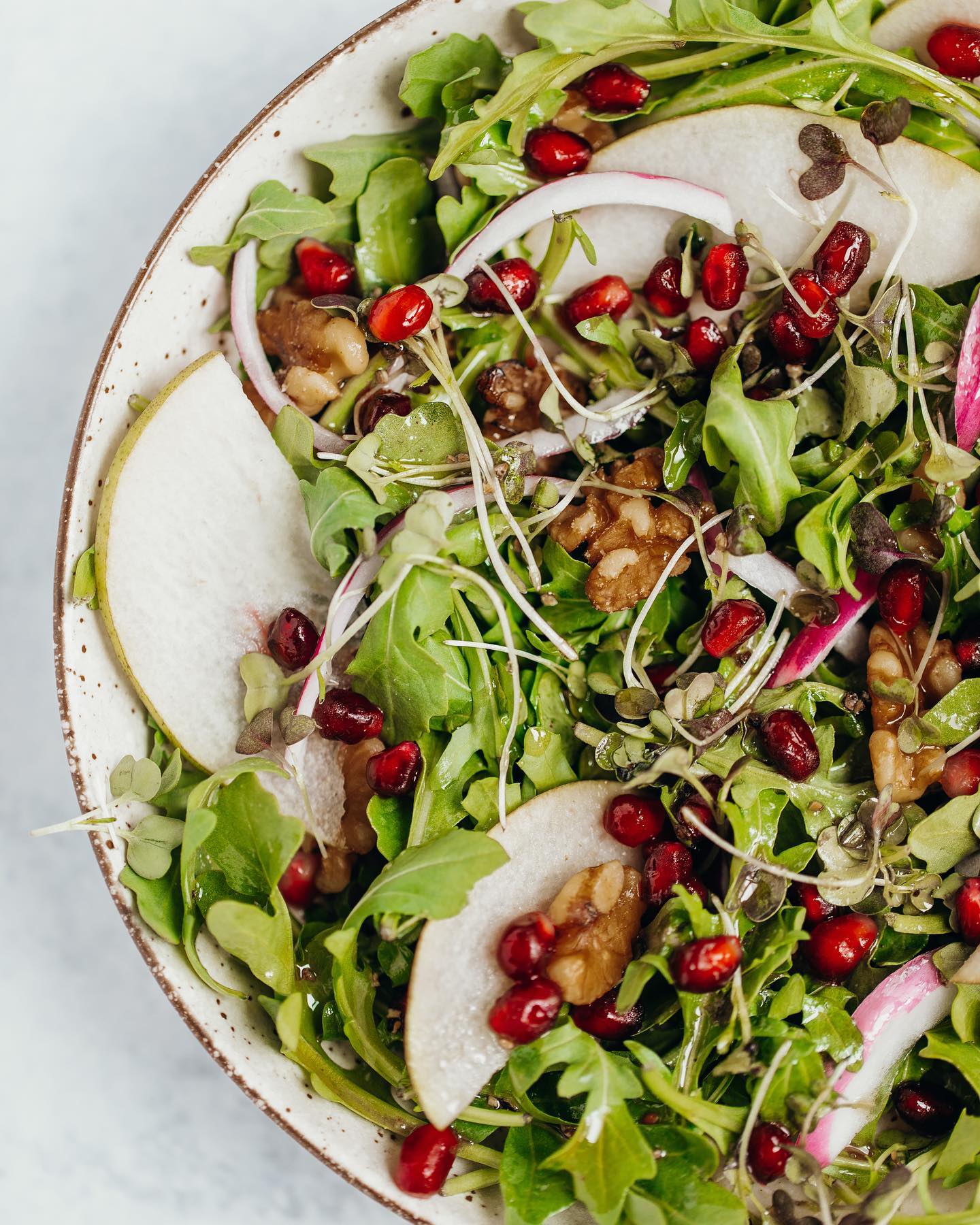 Arugula Salad with Pomegranate, Walnuts & Pears: Lemon Balsamic Vinaigrette