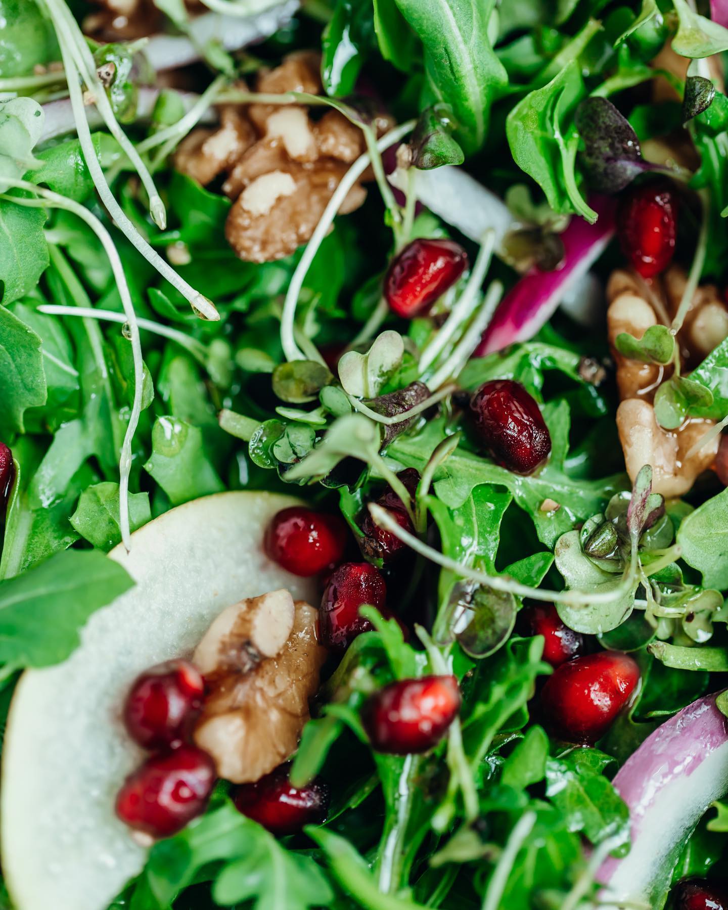 Arugula Salad with Pomegranate, Walnuts & Pears: Lemon Balsamic Vinaigrette