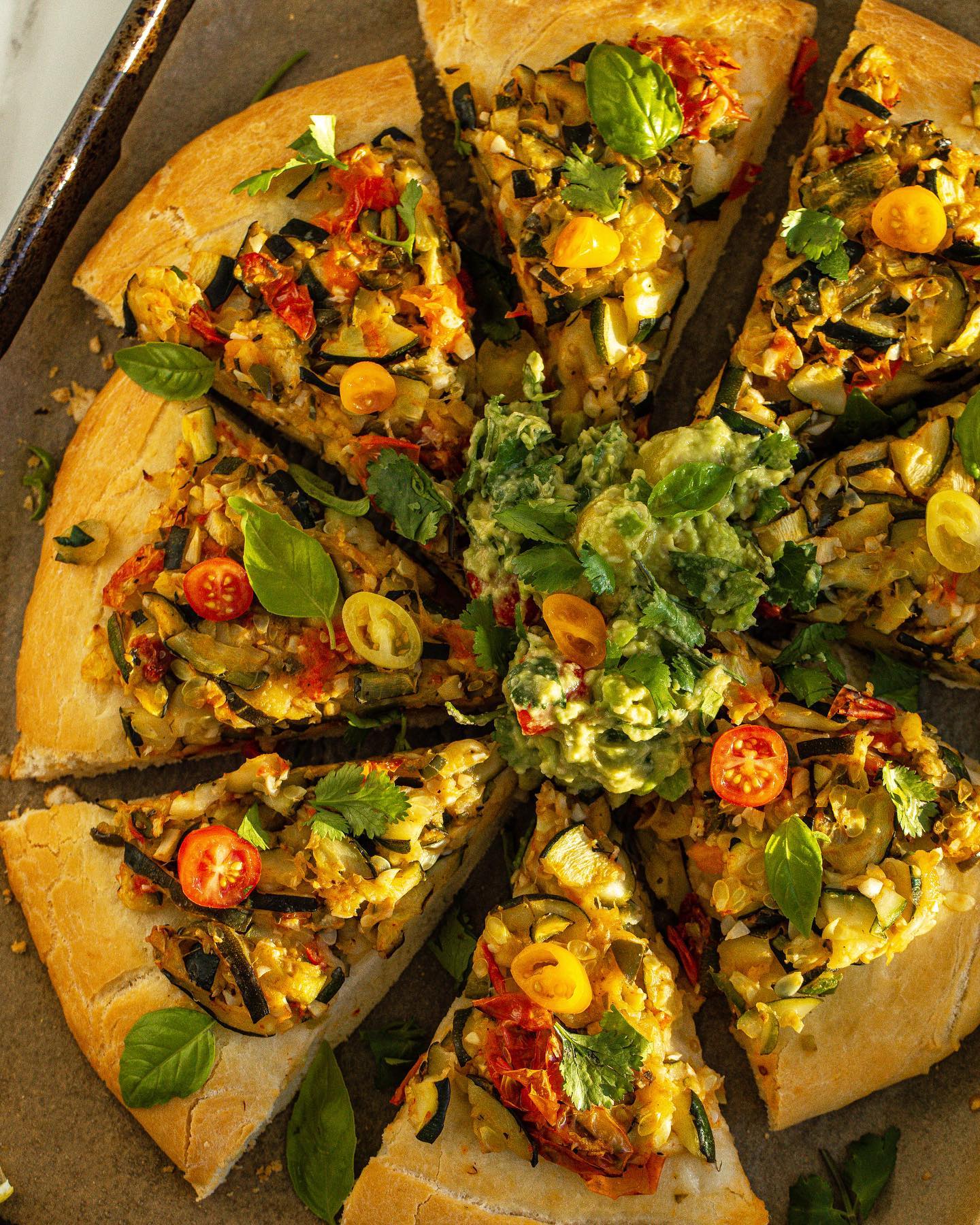 Vegan Zucchini, Tomato & Serrano Pepper Pizza with Guacamole