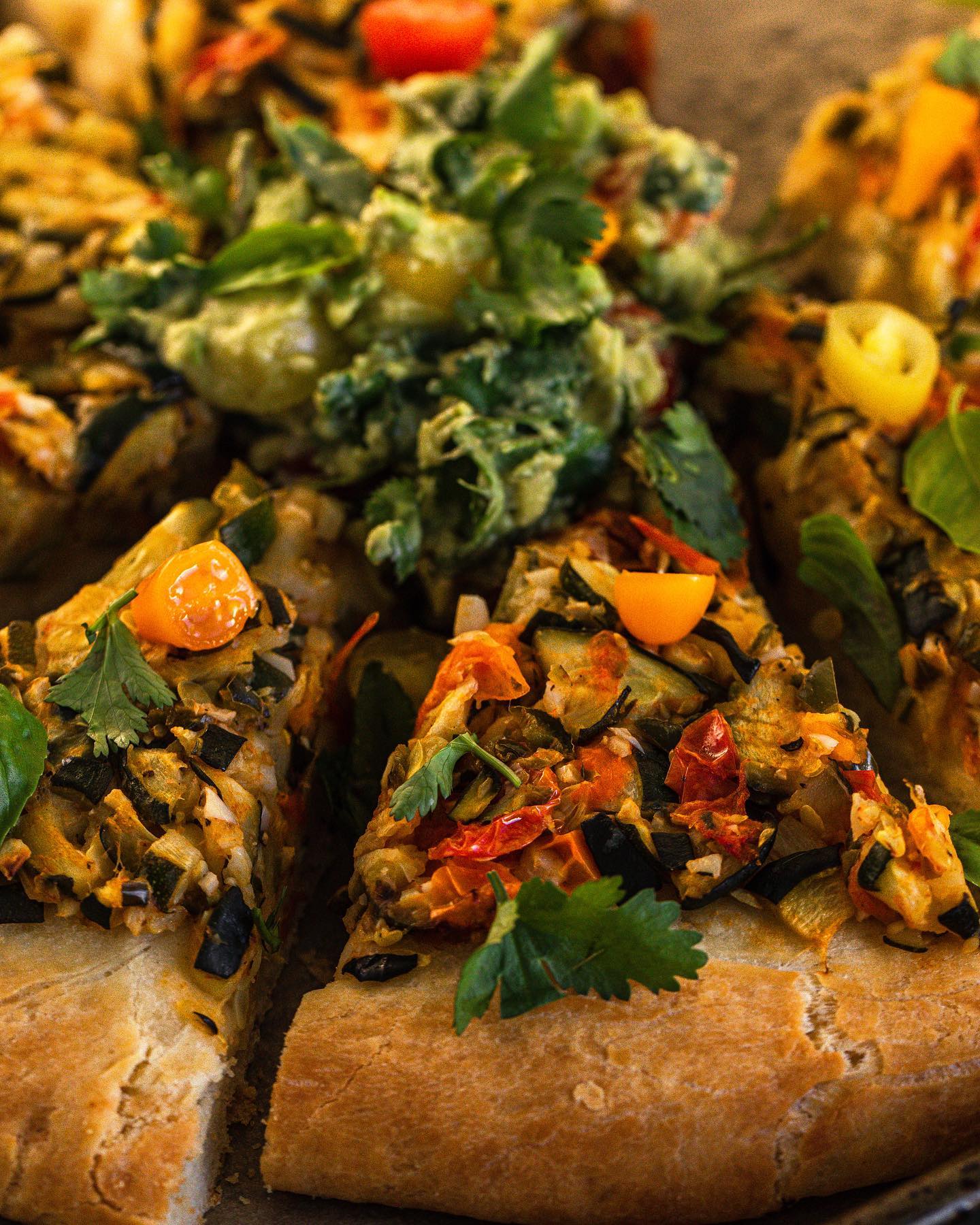 Vegan Zucchini, Tomato & Serrano Pepper Pizza with Guacamole