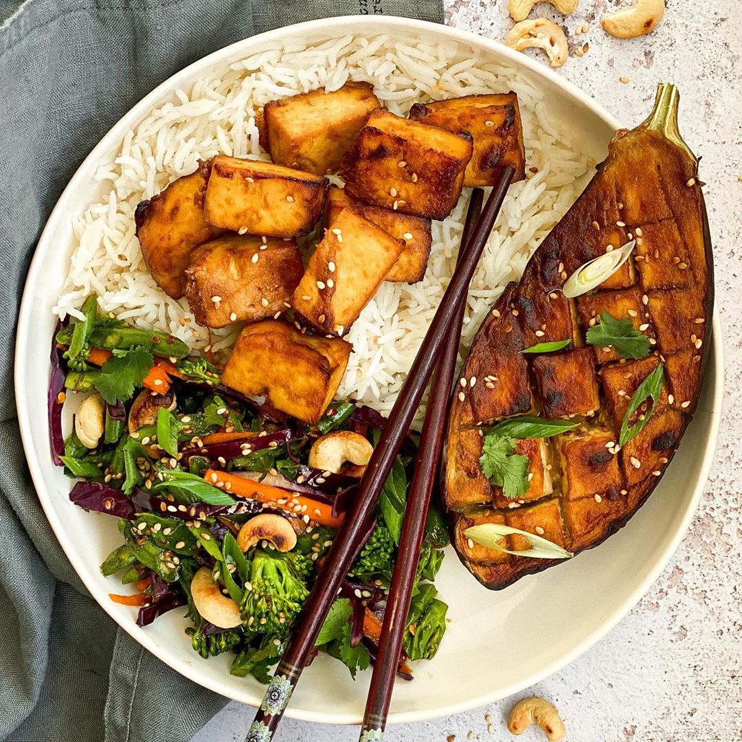 Miso Tofu and Aubergine with Asian Slaw