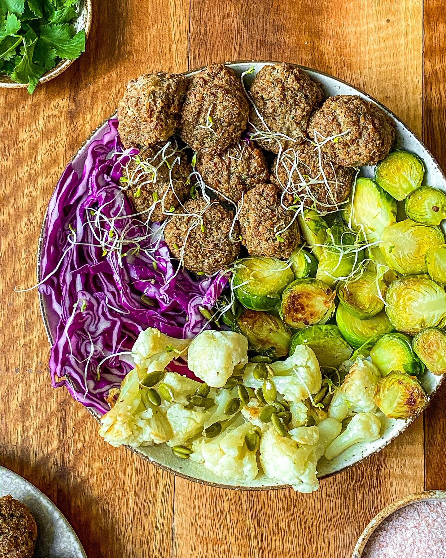 Vegan High-Protein Buddha Bowl with Vegan Meatballs and Colorful Veggies