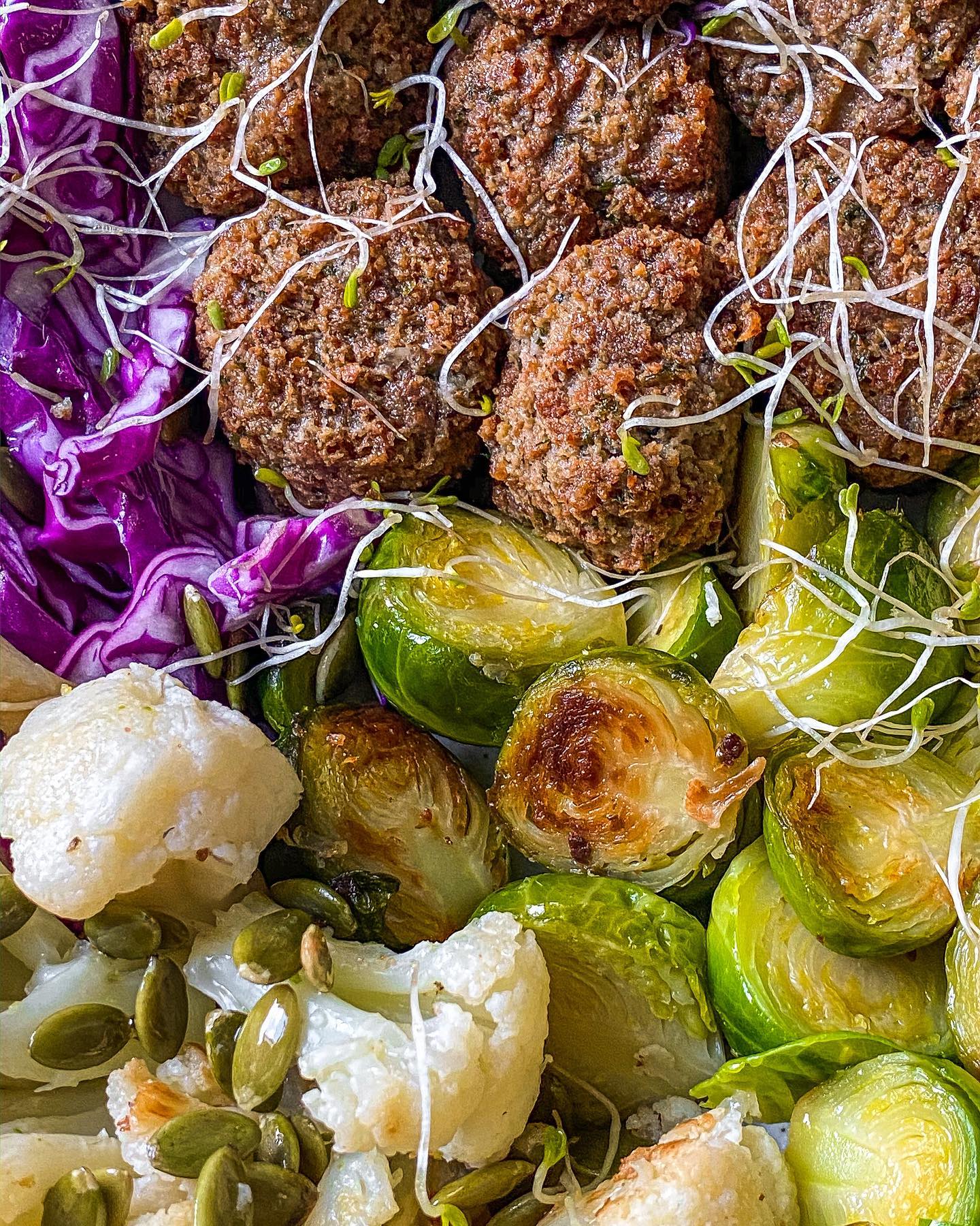 Vegan High-Protein Buddha Bowl with Vegan Meatballs and Colorful Veggies