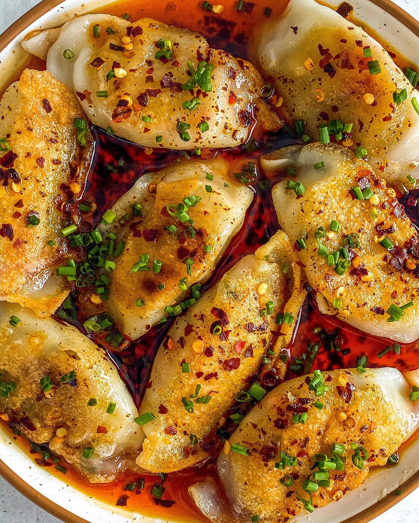 Vegan Gyoza with Mushroom, Tofu, and Carrot, Drizzled with Homemade Chili Oil