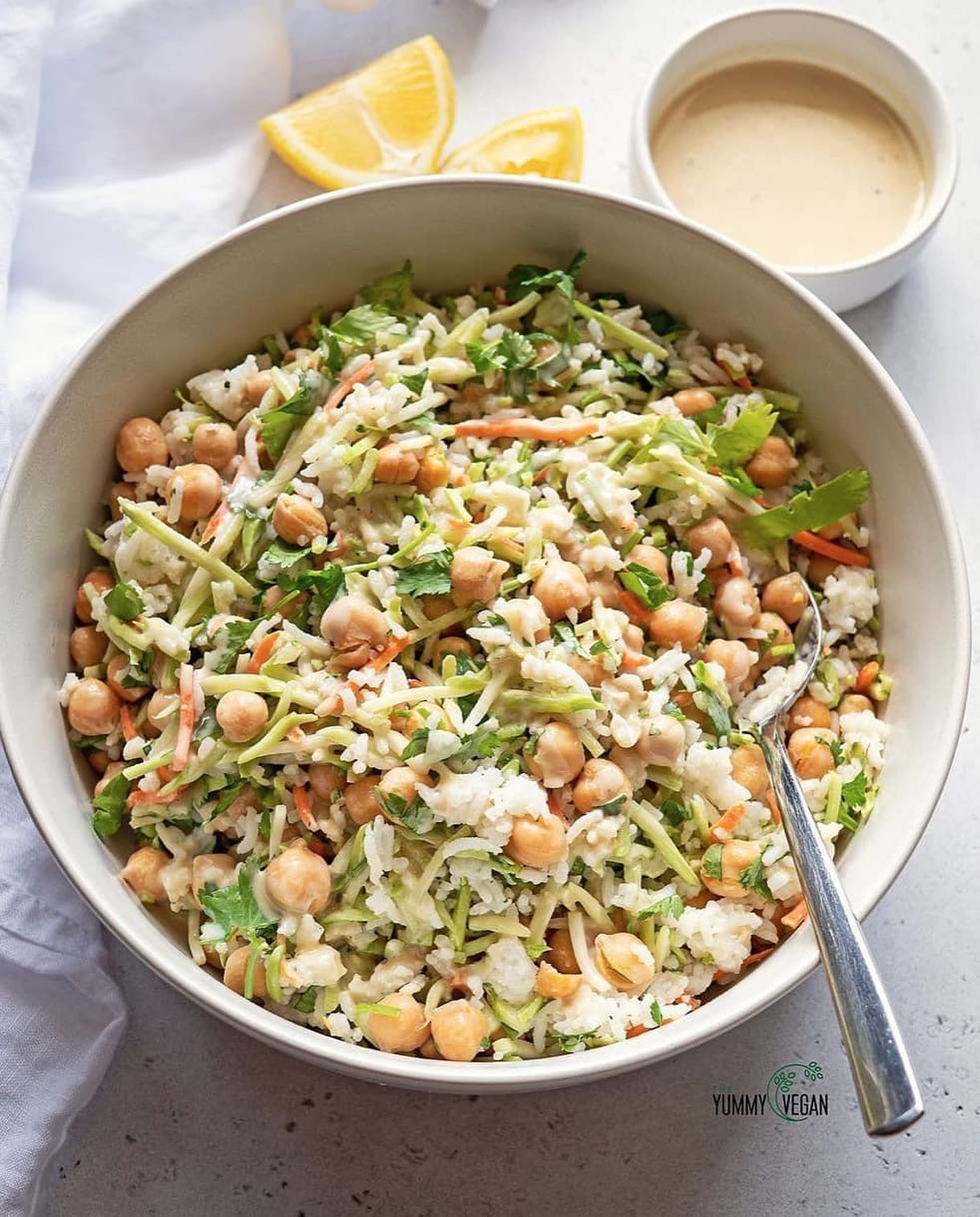 Broccoli Slaw Chickpea Rice with Lemon Tahini Dressing