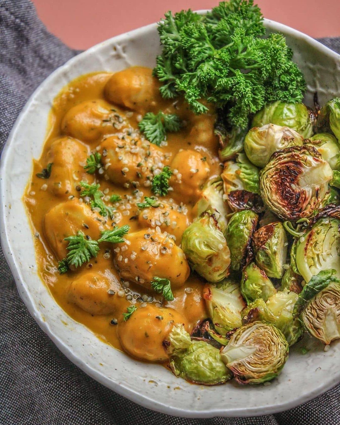 Vegan Pesto Gnocchi with Roasted Brussels Sprouts