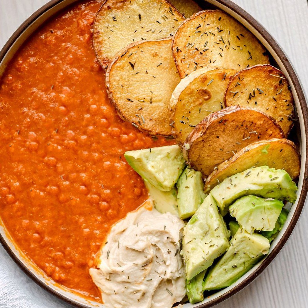 Peanut Red Lentil Sweet Potato Stew with Pan-Fried Potatoes