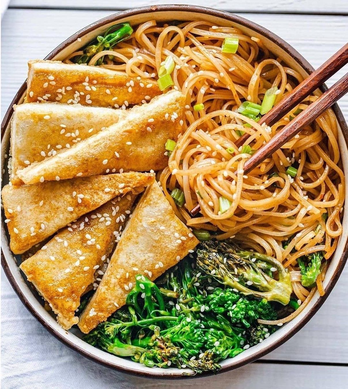 Crispy Tofu and Saucy Noodles Bowl