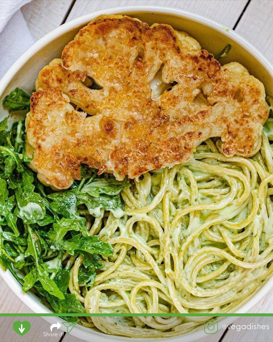 Crispy Cauliflower Steaks with Avocado Pea Pesto Pasta