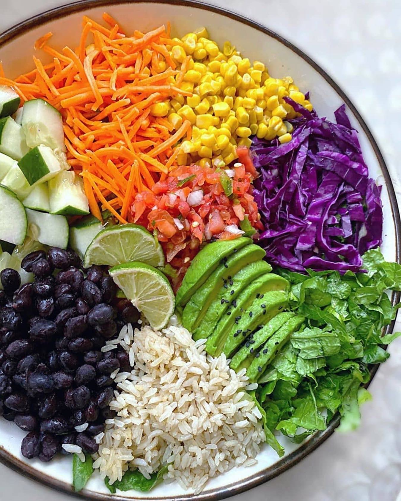 Rainbow Burrito Bowl with Avocado Cilantro Dressing
