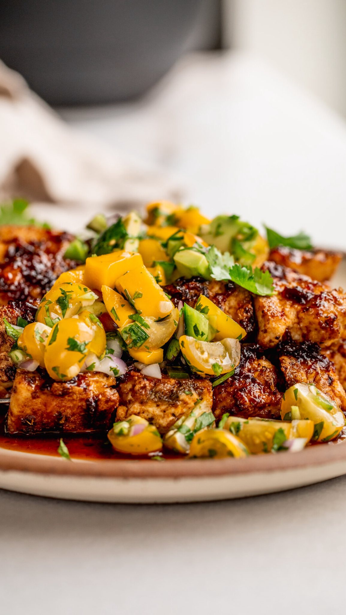 Chipotle Agrodolce Tofu Skewers with Avocado Mango Salsa