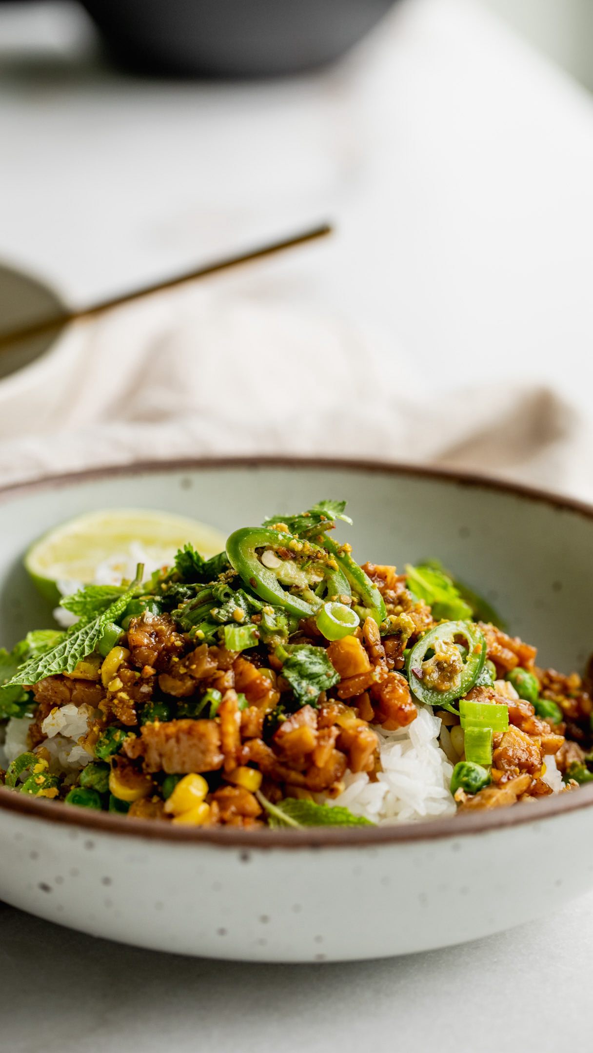 Sticky Ginger Tempeh with Charred Corn and Scallion Salad