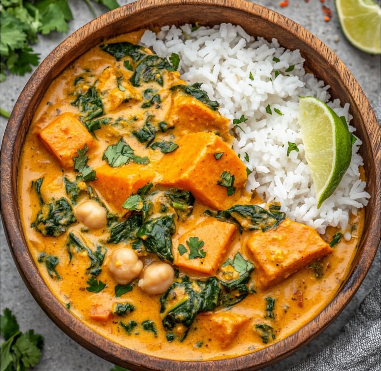 Sweet Potato Chickpea Spinach Coconut Curry
