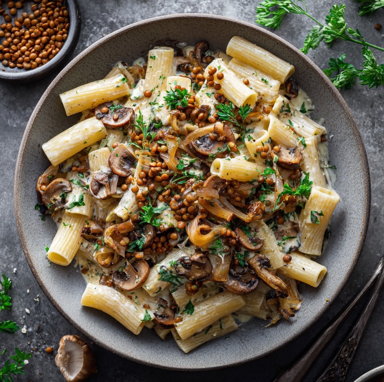 Creamy Lentil Mushroom and Hemp Pasta