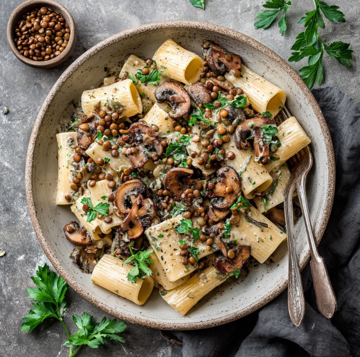 Creamy Lentil Mushroom and Hemp Pasta