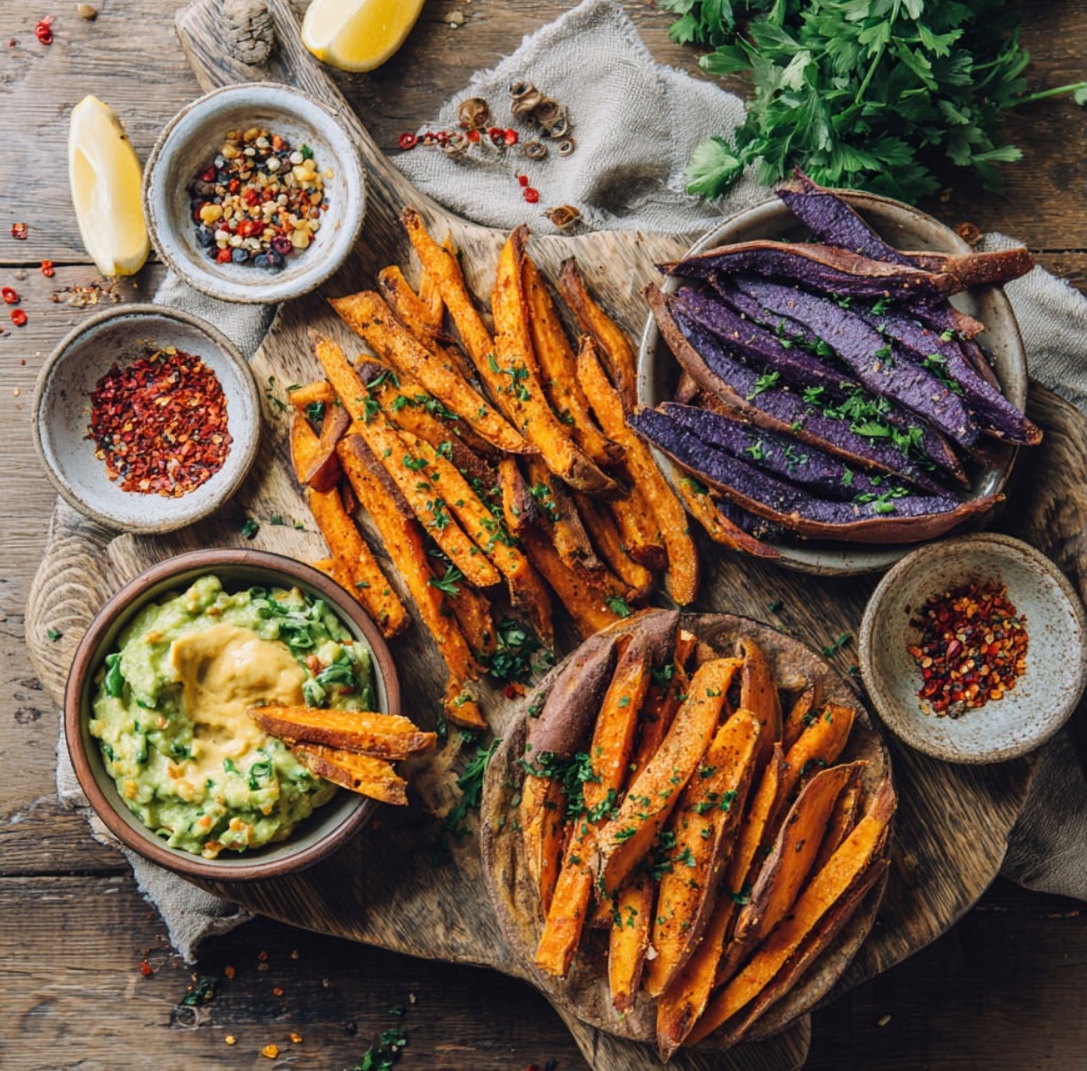 Baked Sweet Potato and Purple Fries
