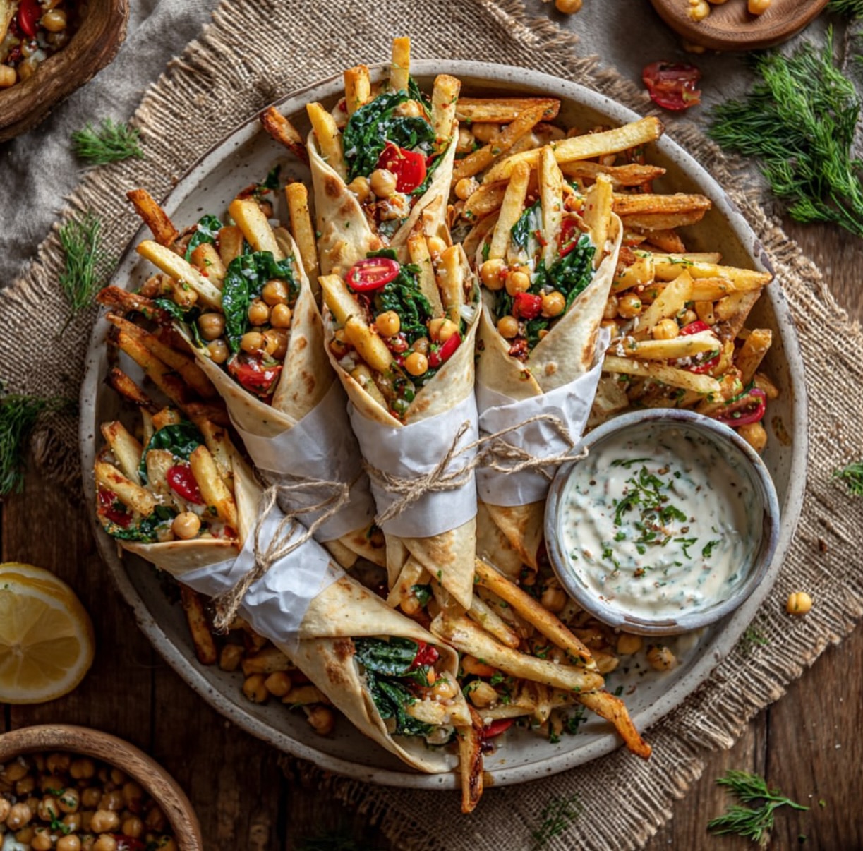 Spinach Wraps with Crispy Oven Baked Potato Fries