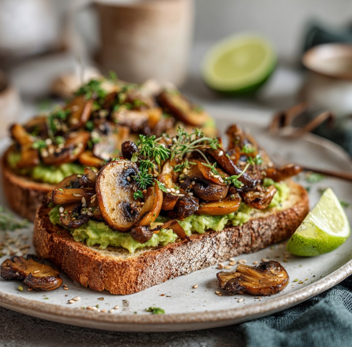 Savory Mashed Avocado and Tamari Mushrooms on Toast