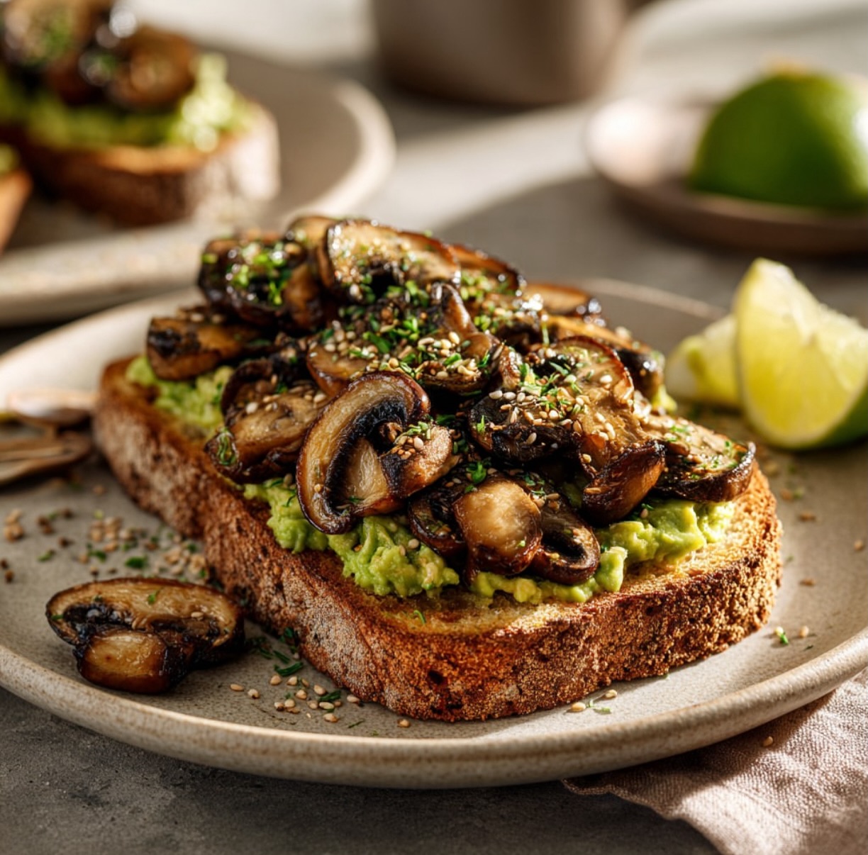 Savory Mashed Avocado and Tamari Mushrooms on Toast