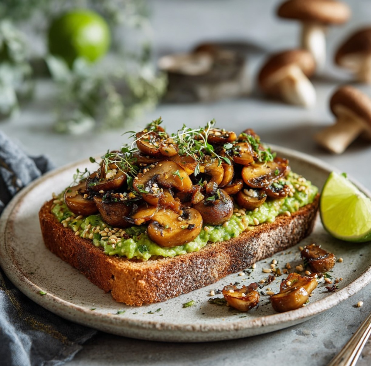 Savory Mashed Avocado and Tamari Mushrooms on Toast