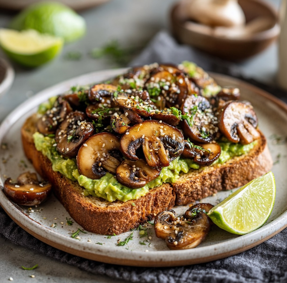 Savory Mashed Avocado and Tamari Mushrooms on Toast
