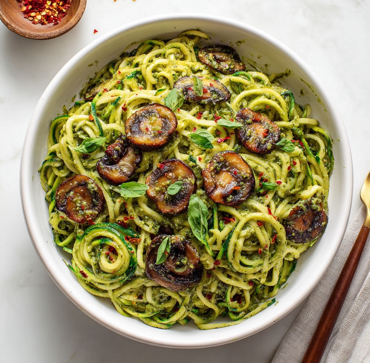 Avocado Pesto with Zucchini Noodles and Mushrooms
