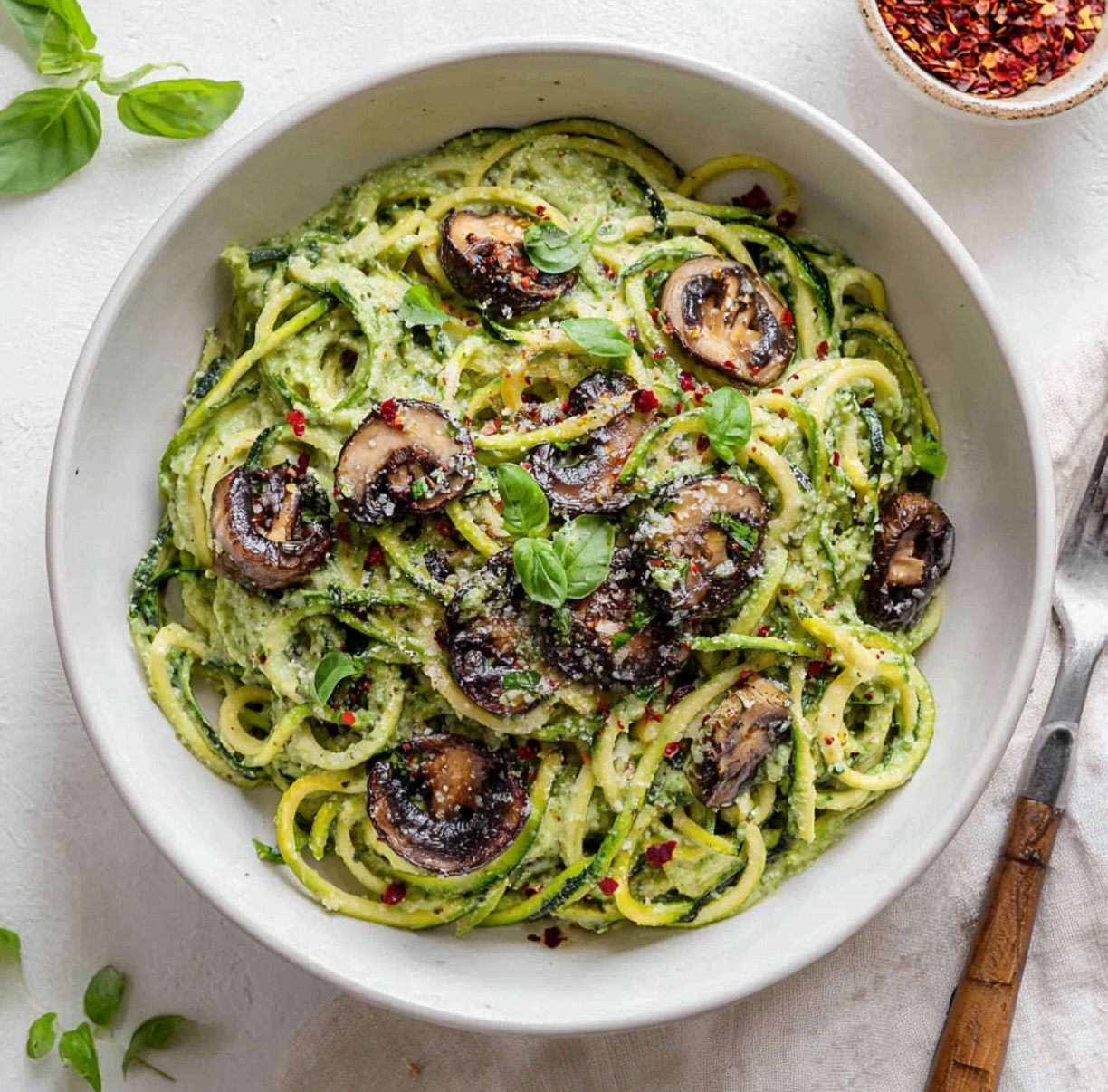 Avocado Pesto with Zucchini Noodles and Mushrooms