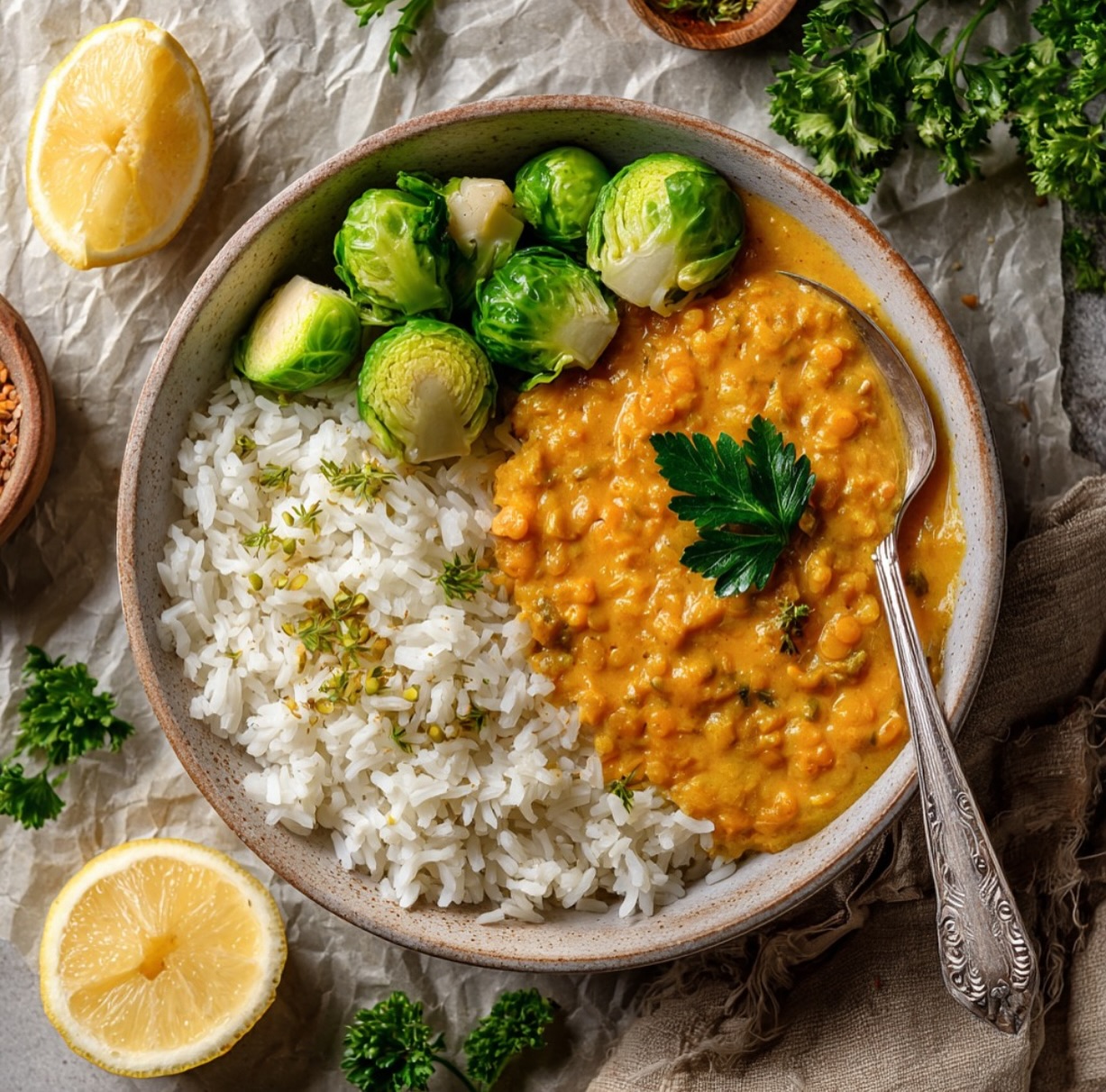 Lentil Curry with Rice and Brussels Sprouts