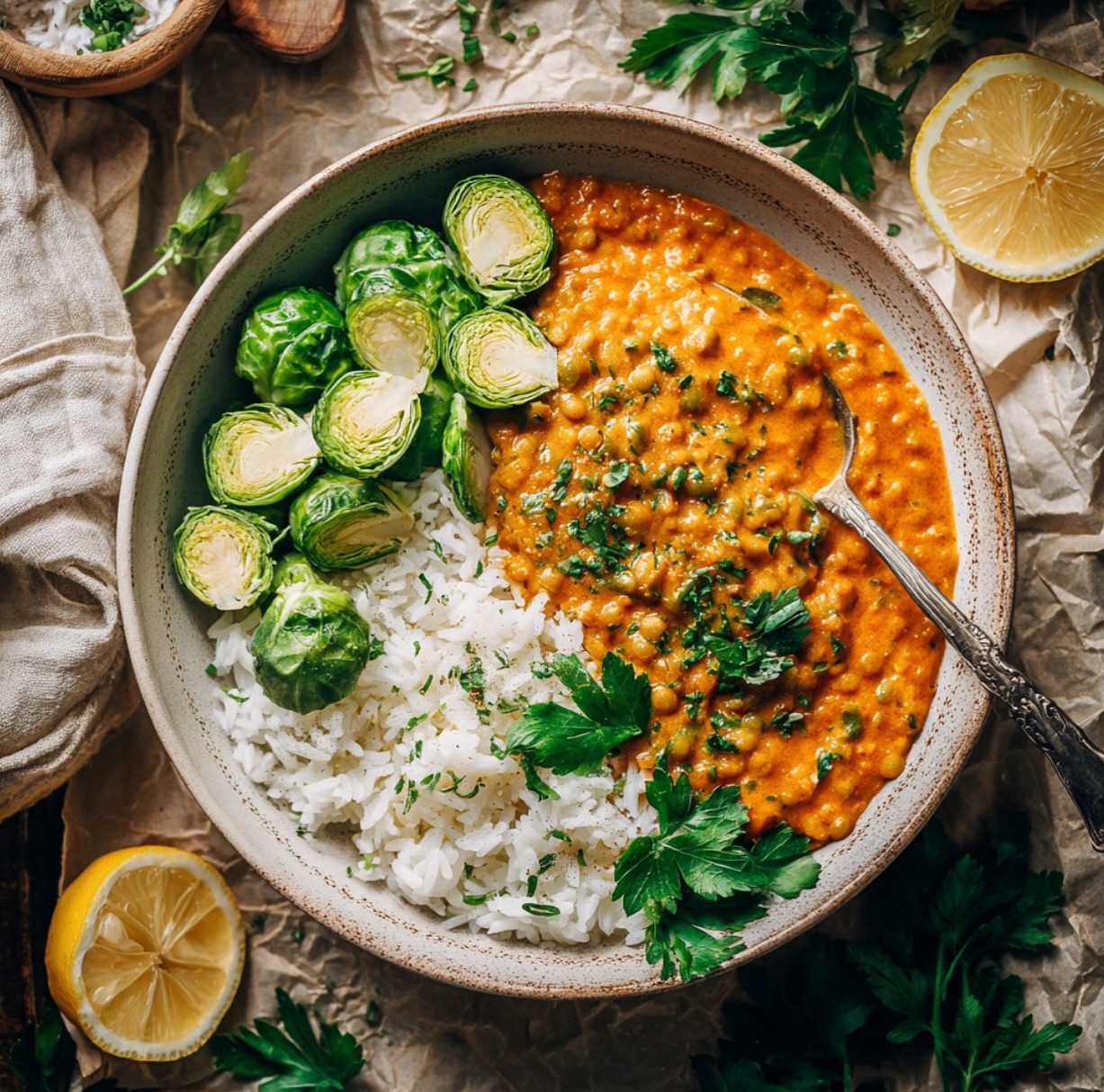 Lentil Curry with Rice and Brussels Sprouts