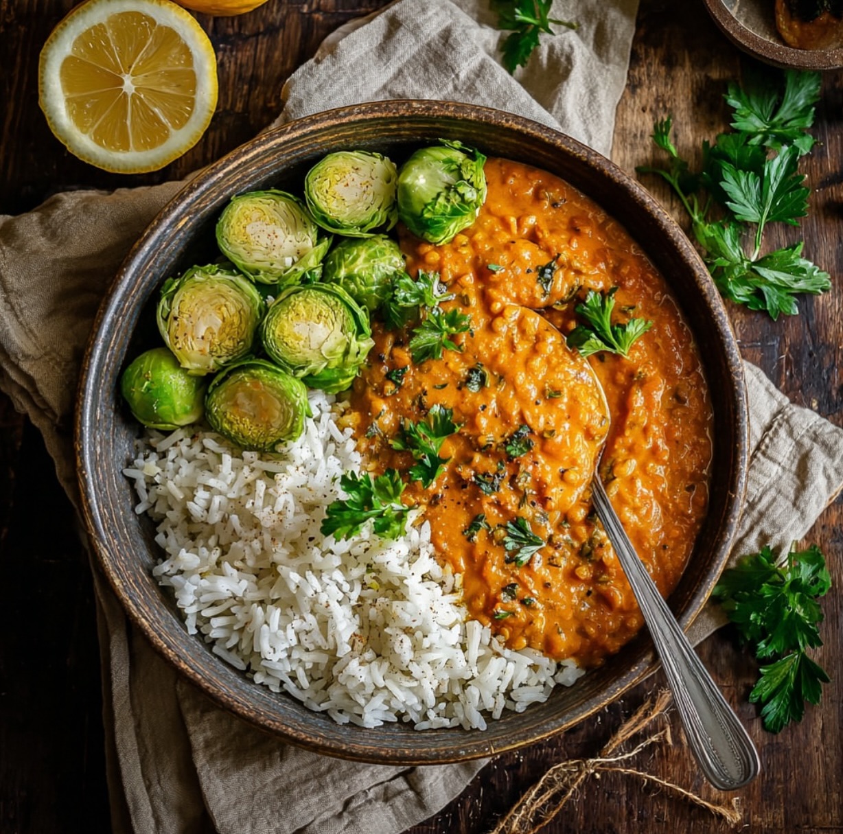 Lentil Curry with Rice and Brussels Sprouts